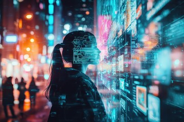 A woman stands in a cyberpunk city, her silhouette overlaid with digital circuitry, gazing at a screen filled with data streams.