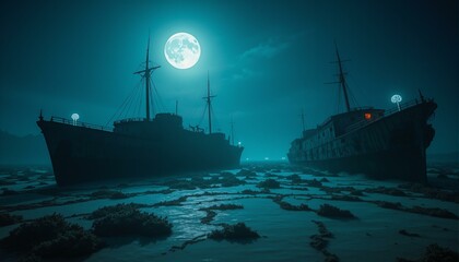 Obraz premium Sunken warships rest on an ocean floor bathed in blue light. The ships are heavily rusted and covered in marine growth. Bioluminescent organisms glow around the wreckage, creating an otherworldly scen