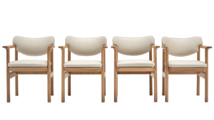 four wooden chairs with beige cushions on white background.
