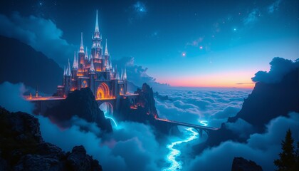 Obraz premium Shimmering, translucent membranes create a swirling, foggy effect above a futuristic city. The city features tall, crystal-like structures and elegant bridges bathed in soft twilight. A backdrop of st