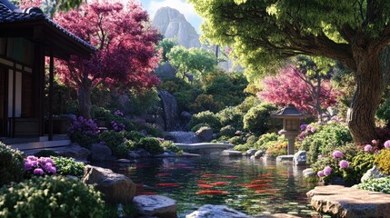 Fototapeta premium Serene Japanese Garden with Colorful Koi Fish and Lush Vegetation