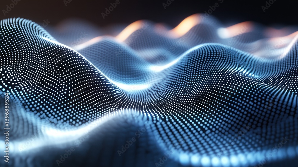 Poster abstract undulating surface of glowing particles mimicking a digital landscape with soft illuminatio