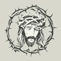 Easter banner or greeting card with portrait of crying Jesus Christ with crown of thorns. Vector illustration on religion, icon, logo, t-shirt design