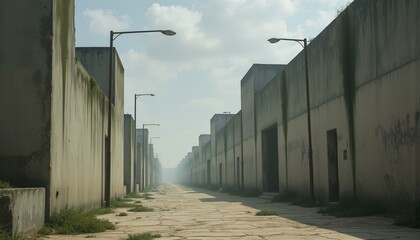 Crumbling concrete walls covered in moss frame a desolate urban scene. The aged structures emerge from dry ground, resembling skeletal remains, and overlook cracked streets illuminated by leaning, rus