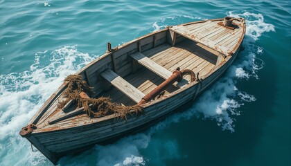 Obraz premium A partially submerged shipwreck rests on the ocean floor. The wooden hull is aged and weathered, displaying a silvery gray patina. Sea foam surrounds the wreck, which sits within blue water. Kelp, cor