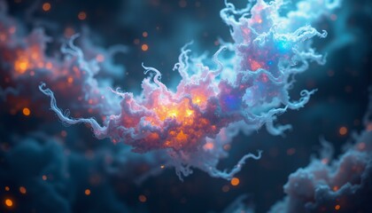 Fototapeta premium A luminous, amorphous being floats within a vibrant nebula. It appears to be composed of iridescent crystals, glowing membranes, and flowing tendrils. The background is filled with swirling colors res