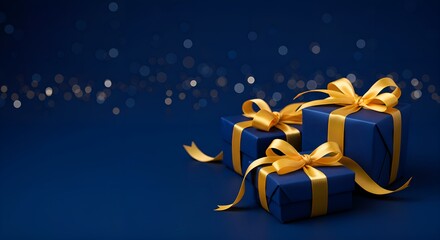 Elegant navy blue gift boxes with golden ribbons on deep blue background with stars and festive bokeh lights