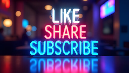 Vibrant neon sign glowing with the words "Like," "Share," and "Subscribe" stacked on illuminated blocks, set against a festive bokeh background