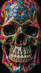 Close-up of a colorful skull against a black backdrop.
