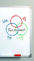 Fulfillment Venn diagram on whiteboard. Work, play, love circles intersect in modern 8K illustration.