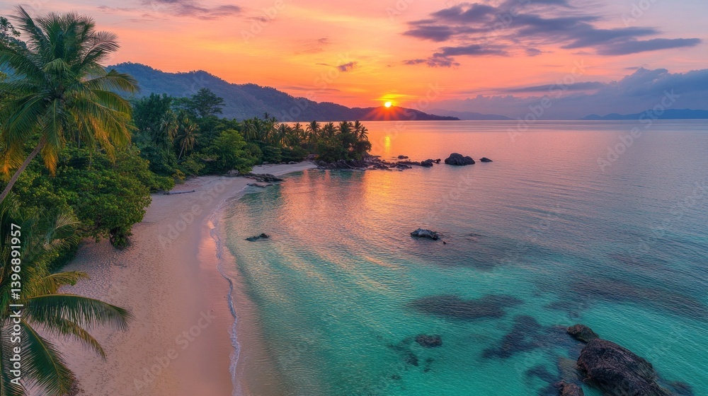Poster golden hues fill the sky as the sun sets behind lush mountains, illuminating the calm shoreline ador
