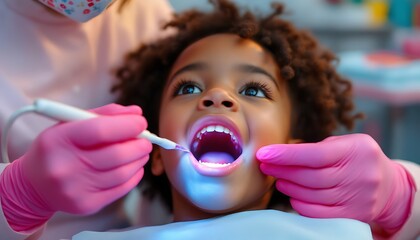 Child Receiving Dental Exam with Light and Tool