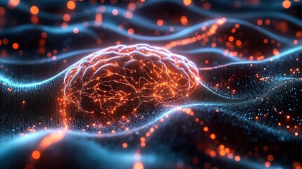 A digital brainwave interface showing neural activity, with glowing pathways and electric pulses