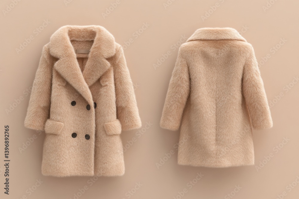 Poster luxurious short peach mink coat fashion for 2025 displayed in front and back views against a soft be
