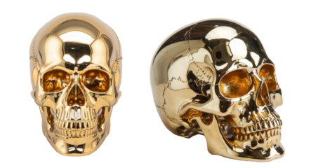 golden skull, front and side views on white background