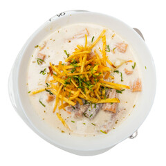 Sopa de mani is peanut soup made with beef, beef bones, potatoes and peas as the main ingredients. Latin American cuisine. Isolated over white background