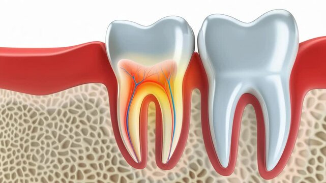 A diagram of two teeth in gums and bone, with one tooth exhibiting signs of inflammation or infection in its root and surrounding tissue, indicated by red and yellow coloration.