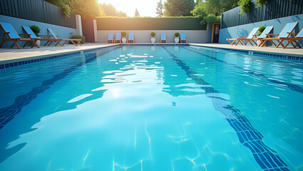 Obraz premium Modern Water Safety Guidelines: Effective Swimming Techniques, Pool Maintenance, Emergency Response, and Hazard Mitigation for Secure Aquatic Facilities - Stock Photo Concept with Left Space