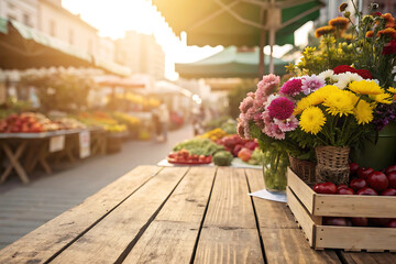 Fototapeta premium Early Morning Farmers' Market with Colorful Flowers and Fresh Produce – Rustic Charm and Natural Light