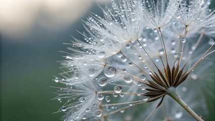 A close-up macro photograph of a dandelion seed head covered in glistening water droplets.