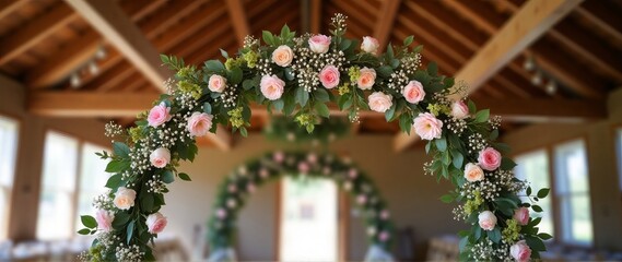 Rustic wooden arch decorated with pastel flowers in a barn, spring weddings, close