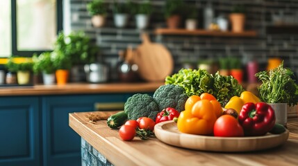 Fresh vegetables displayed on a wooden counter in a bright kitchen setting with natural lighting