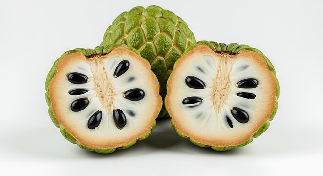 Cutting Sugar Apple Fruit Showing Seeds on White Background Studio Shot