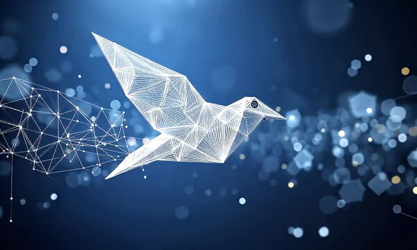 Abstract origami bird in flight, connected network.