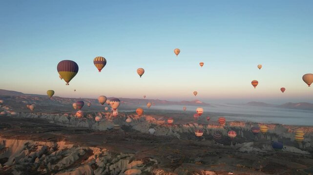 Hot Air Balloons in the Sunrise Drone Video, Cappadocia (Kapadokya) Goreme Nevsehir, Turkey (Turkiye)