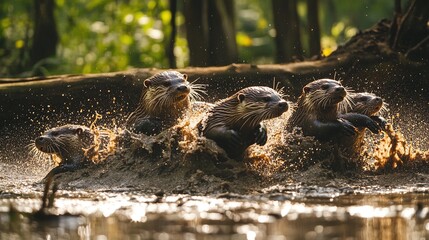 Obraz premium A group of playful wild otters glides along the muddy riverbank in the golden sunlight, surrounded by lush forest and sparkling water reflections.