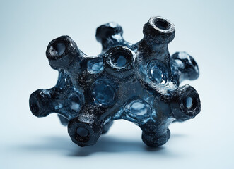 Abstract Geometric 3D Sculpture in Ice-Like Texture with Metallic Reflections on Light Blue Background