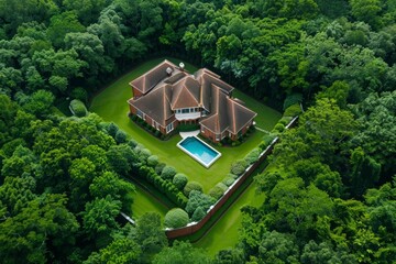 Aerial view of a luxurious brick home surrounded by lush green trees and landscaped gardens, featuring a private swimming pool. Perspective of Belonging
