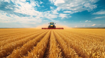 Fototapeta premium A powerful tractor tirelessly plows through expansive golden wheat fields, creating a stunning contrast against the brilliant blue sky. Dust rises gently, capturing the essence of harvest season
