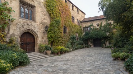 Fototapeta premium Medieval Style Stone Courtyard with Ivy Covered Walls and Flowers