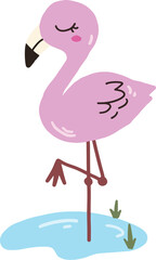 Cute pink flamingo standing in the water, cartoon illustration
