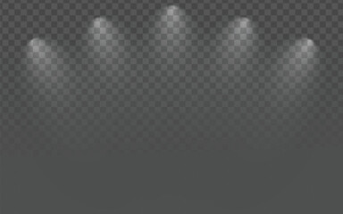 Five bright white spotlights shining downwards with a misty or foggy effect, on a transparent light gray checkered background. Ideal for creating a dramatic, atmospheric, or stage-like illumination.