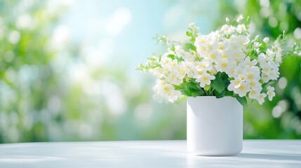 Fototapeta premium Delicate white flowers in a vase, outdoor setting