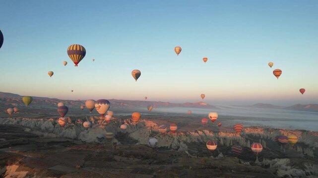 Hot Air Balloons in the Sunrise Drone Video, Cappadocia (Kapadokya) Goreme Nevsehir, Turkey (Turkiye)