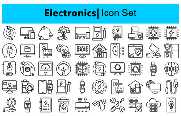 Electronics icons set. Set of laptop, smart watch, fitness bracelet, smartphone, tablet, monitor, tv box, camera, dvr, game console, gps navigator, video projector, adsl modem icons