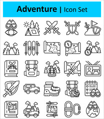 Adventure icons set. Tent, campfire, backpack, hiking, adventure, nature, bag, compass, lantern and more. vector illustrator.