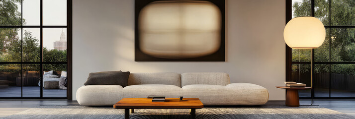 Modern living room with large windows and stylish furniture in a city apartment