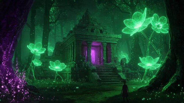 Ancient Ruins In A Lush Forest At Night
