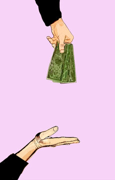 Illustration of hands exchanging money on a purple background