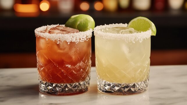 Refreshing cocktails served in elegant glassware with lime garnishes on marble bar counter in a vibrant setting