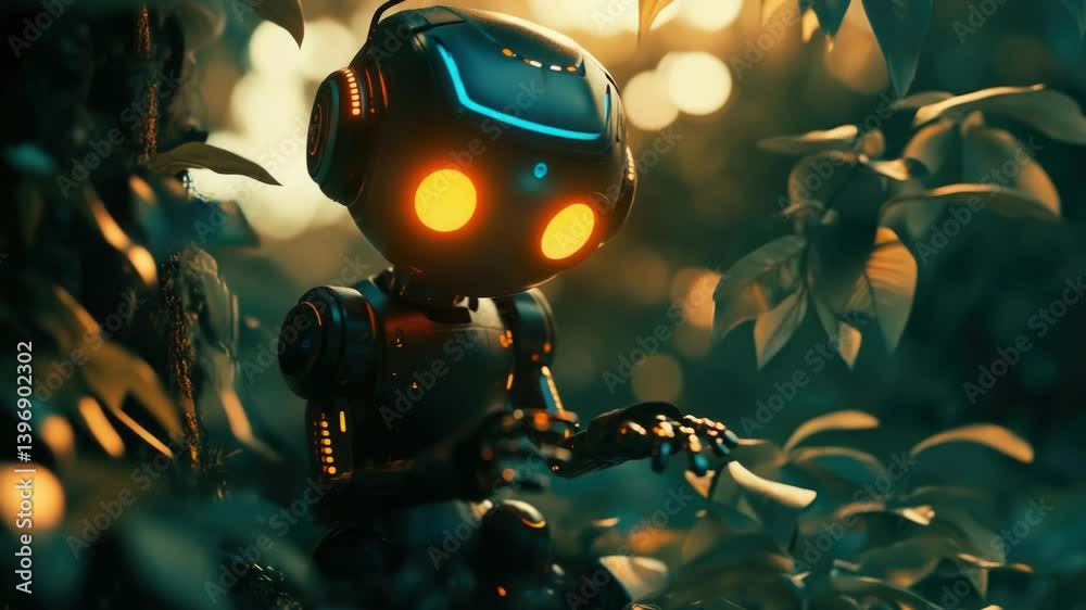 Poster a robot sits in a tree, its eyes glowing in the dark.