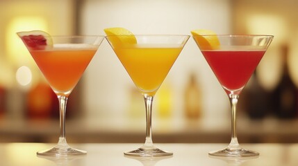 Colorful Cocktails Displayed in Elegant Glasses on a Stylish Bar Counter with Blurred Background