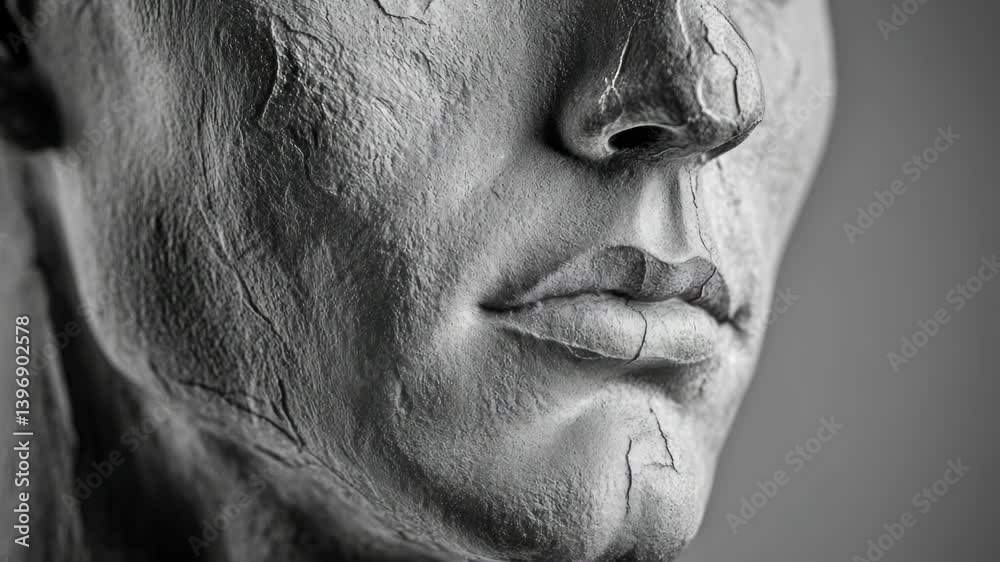 Poster a detailed shot of a statue's facial features, ideal for uses such as art projects or historical rep