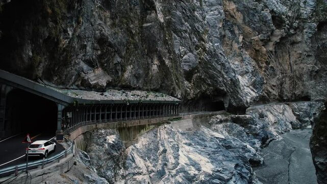 Drone Flying Between Steep Cliffs in Taroko Gorge, Taiwan