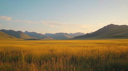 Fototapeta premium A golden field stretches toward distant mountains under a clear sky.