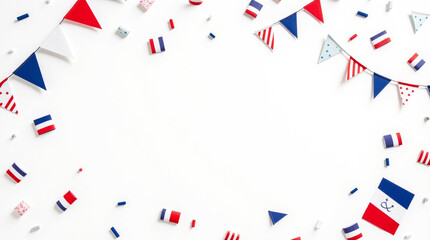 Festive French themed party bunting and confetti border on white background perfect for Bastille Day celebrations or nautical events with vibrant red white and blue colors